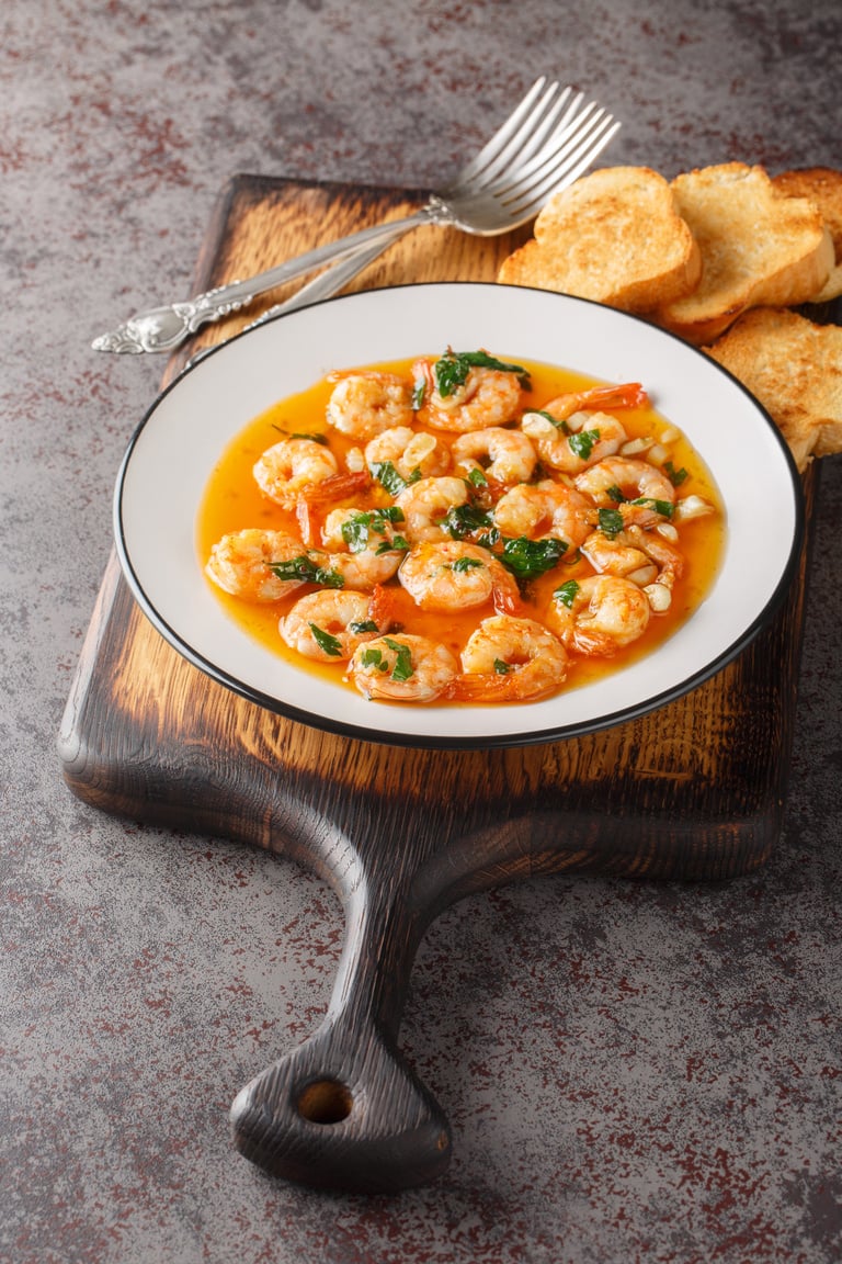 Spanish Garlic Shrimp Gambas al Ajillo closeup on the plate served with toasts. Vertical