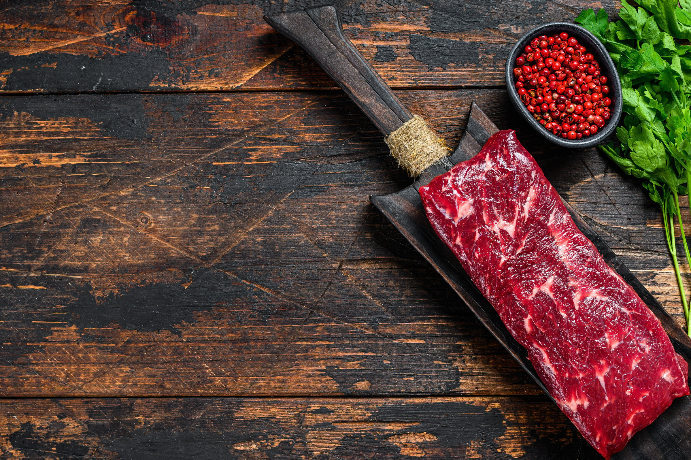 Raw Skirt Steak on Cutting Board 